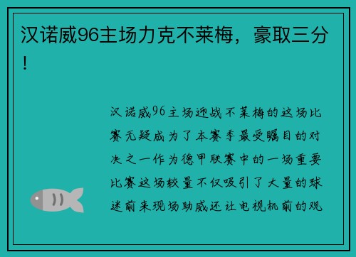 汉诺威96主场力克不莱梅，豪取三分！