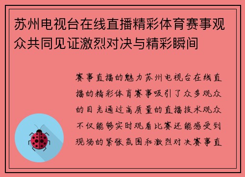 苏州电视台在线直播精彩体育赛事观众共同见证激烈对决与精彩瞬间
